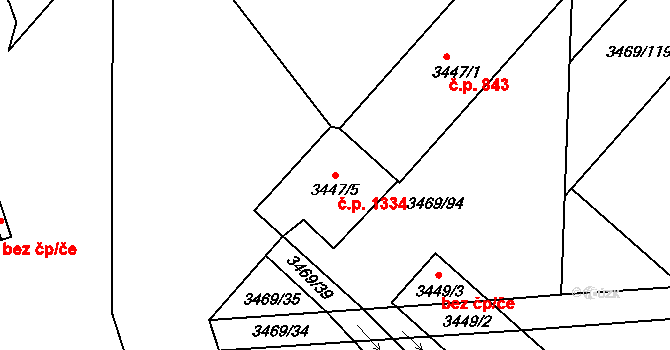 Hulín 1334 na parcele st. 3447/5 v KÚ Hulín, Katastrální mapa