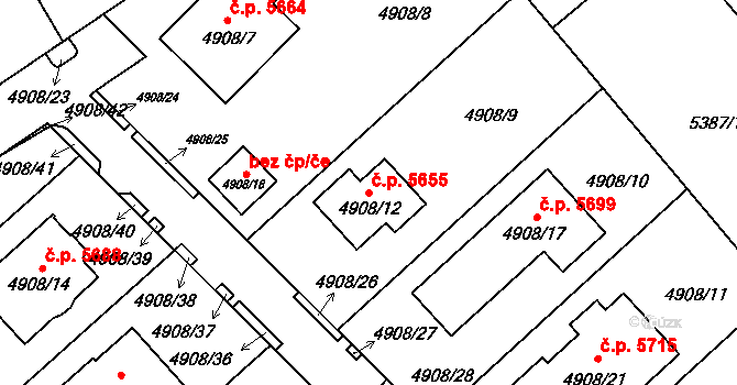 Chomutov 5655 na parcele st. 4908/12 v KÚ Chomutov I, Katastrální mapa