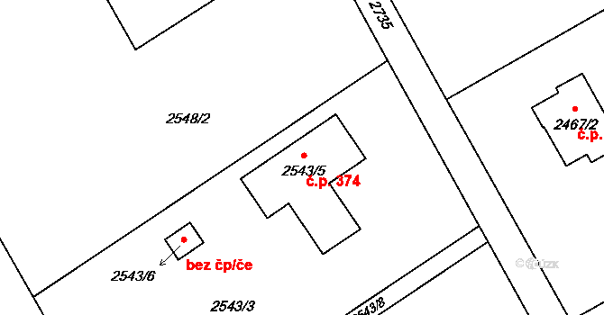Dolní Suchá 374, Havířov na parcele st. 2543/5 v KÚ Dolní Suchá, Katastrální mapa
