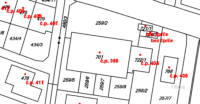 Krasice 366, Prostějov na parcele st. 701 v KÚ Krasice, Katastrální mapa