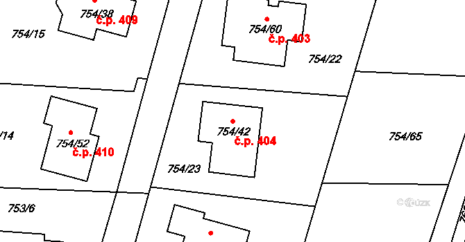 Srubec 404 na parcele st. 754/42 v KÚ Srubec, Katastrální mapa