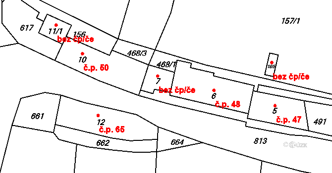 Mlečice 40667316 na parcele st. 7 v KÚ Prašný Újezd, Katastrální mapa