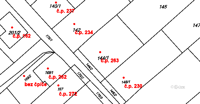 Kobeřice u Brna 263 na parcele st. 144/1 v KÚ Kobeřice u Brna, Katastrální mapa
