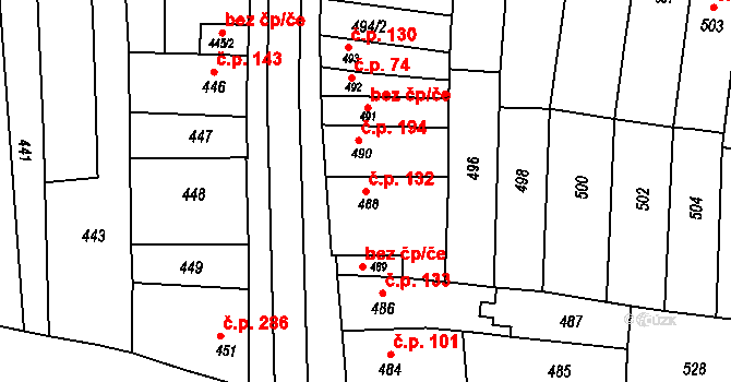 Hrušky 132 na parcele st. 488 v KÚ Hrušky u Brna, Katastrální mapa