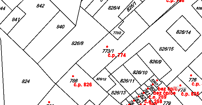 Bučovice 774 na parcele st. 773/1 v KÚ Bučovice, Katastrální mapa