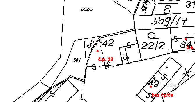 Hradišťany 32, Honezovice na parcele st. 42 v KÚ Hradišťany, Katastrální mapa