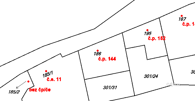 Podmokly 144 na parcele st. 186 v KÚ Podmokly nad Berounkou, Katastrální mapa