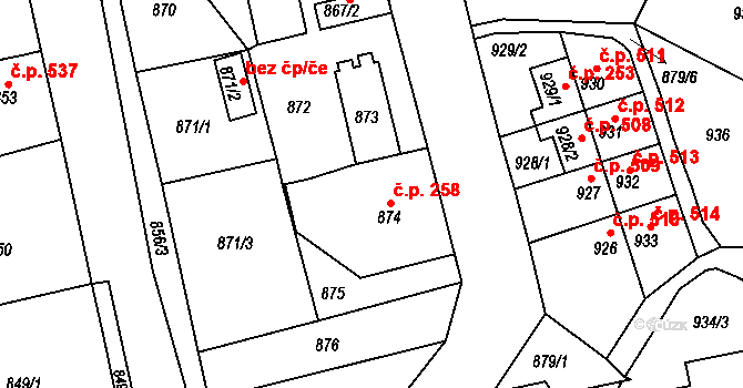 Třemošná 258 na parcele st. 874 v KÚ Třemošná, Katastrální mapa