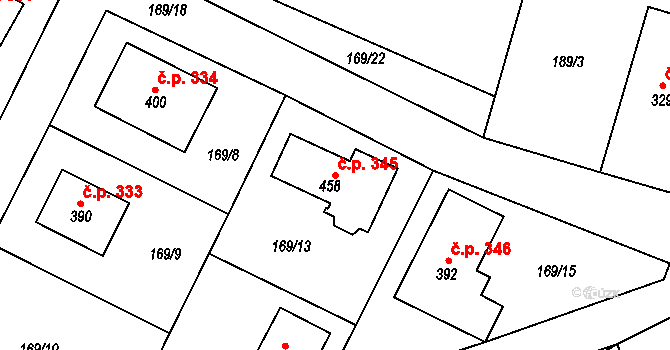 Veltruby 345 na parcele st. 458 v KÚ Veltruby, Katastrální mapa
