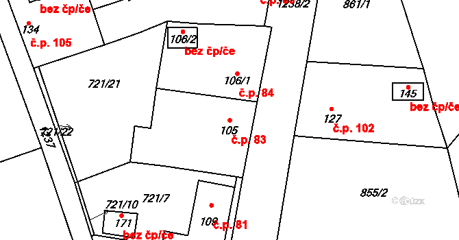 Liběšovice 83, Blšany na parcele st. 105/1 v KÚ Liběšovice, Katastrální mapa