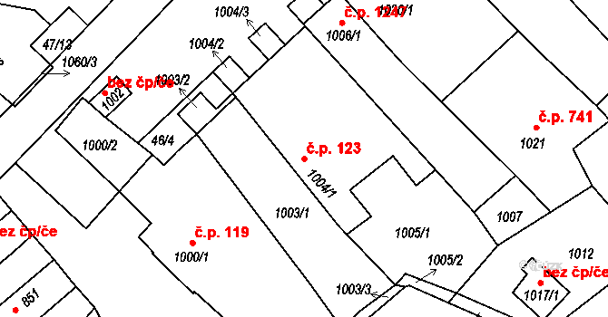 Valtice 123 na parcele st. 1004/1 v KÚ Valtice, Katastrální mapa