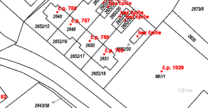 Valtice 755 na parcele st. 2651 v KÚ Valtice, Katastrální mapa