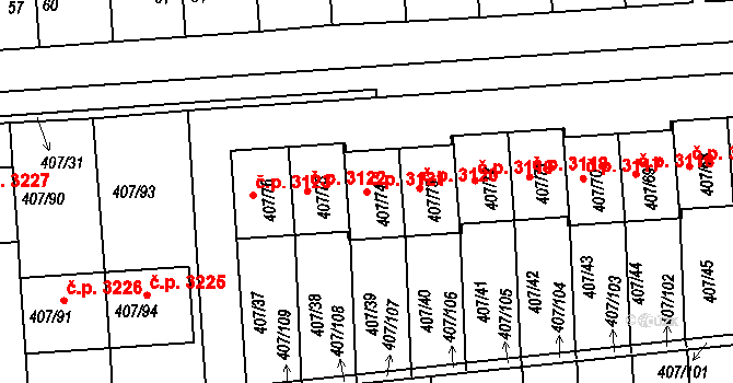 Znojmo 3121 na parcele st. 407/74 v KÚ Znojmo-Louka, Katastrální mapa
