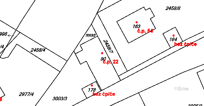 Hvozdec 22 na parcele st. 90 v KÚ Hvozdec u Lišova, Katastrální mapa