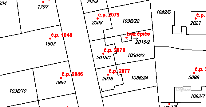 Jablonec nad Nisou 2078 na parcele st. 2015/1 v KÚ Jablonec nad Nisou, Katastrální mapa