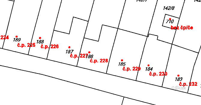 Rožďalovice 228 na parcele st. 186 v KÚ Rožďalovice, Katastrální mapa