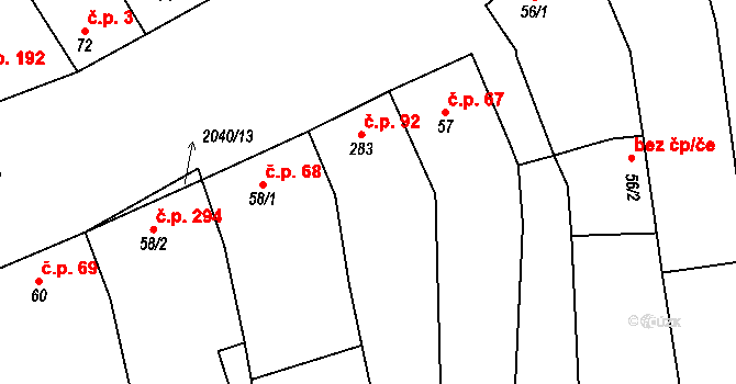 Louka 92 na parcele st. 283 v KÚ Louka u Ostrohu, Katastrální mapa