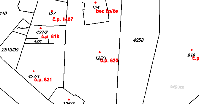 Kyjov 620 na parcele st. 125/1 v KÚ Kyjov, Katastrální mapa