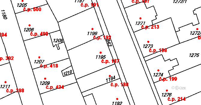 Kročehlavy 187, Kladno na parcele st. 1195 v KÚ Kročehlavy, Katastrální mapa