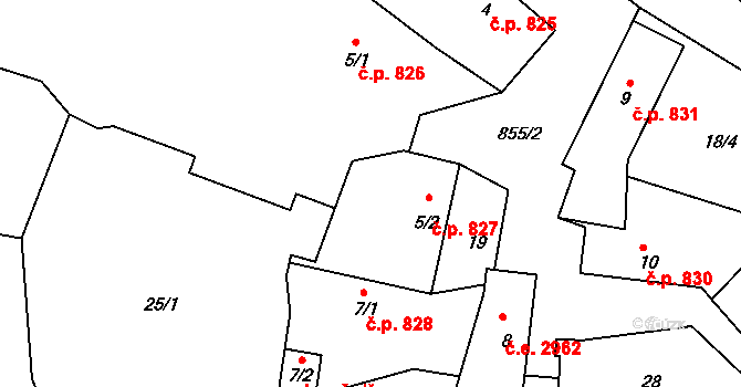 Těptín 827, Kamenice na parcele st. 5/2 v KÚ Těptín, Katastrální mapa