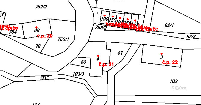Mrklov 21, Benecko na parcele st. 4 v KÚ Mrklov, Katastrální mapa