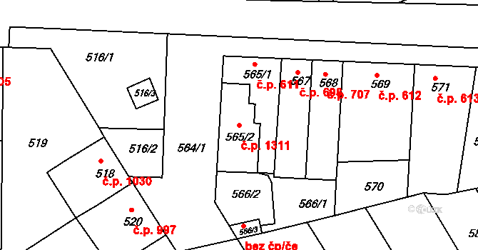 Hulín 1311 na parcele st. 565/2 v KÚ Hulín, Katastrální mapa