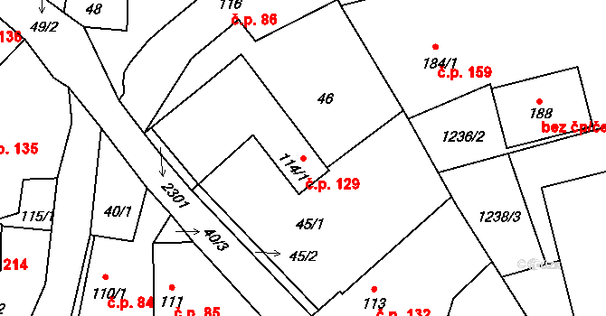 Borotín 129 na parcele st. 114/1 v KÚ Borotín u Tábora, Katastrální mapa