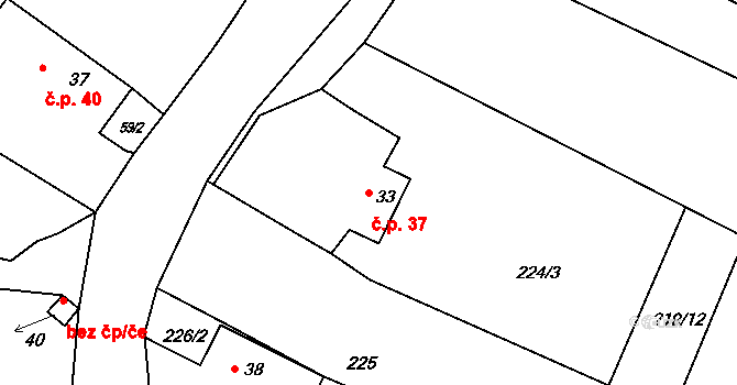 Třebelice 37, Malšice na parcele st. 33 v KÚ Třebelice, Katastrální mapa