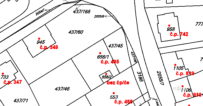 Mařatice 495, Uherské Hradiště na parcele st. 656/1 v KÚ Mařatice, Katastrální mapa