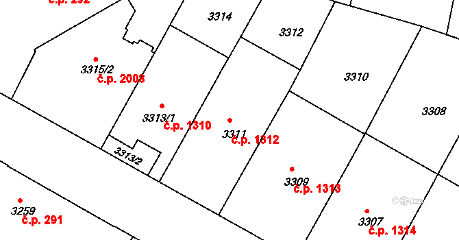 Černá Pole 1312, Brno na parcele st. 3311 v KÚ Černá Pole, Katastrální mapa