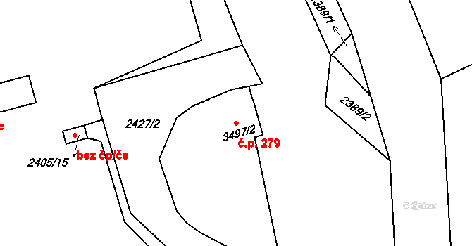 Pelhřimov 279 na parcele st. 3497/2 v KÚ Pelhřimov, Katastrální mapa