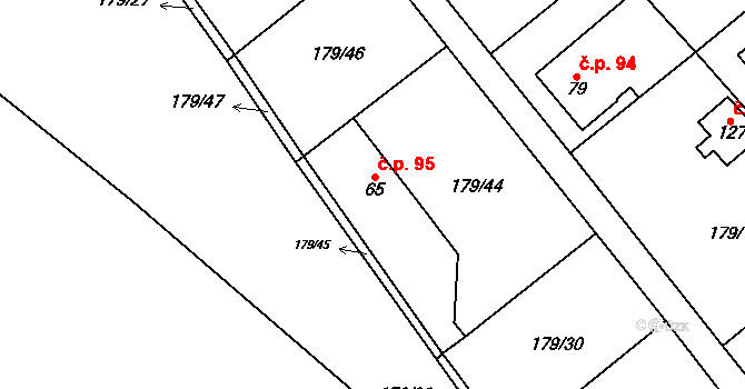 Hradiště 95, Cheb na parcele st. 65 v KÚ Hradiště u Chebu, Katastrální mapa