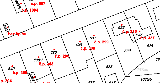 Řeporyje 309, Praha na parcele st. 634 v KÚ Řeporyje, Katastrální mapa