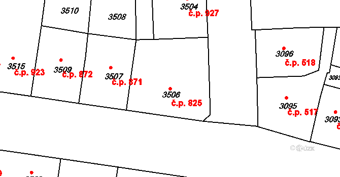 Smíchov 825, Praha na parcele st. 3506 v KÚ Smíchov, Katastrální mapa