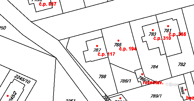 Hostivař 117, Praha na parcele st. 787 v KÚ Hostivař, Katastrální mapa