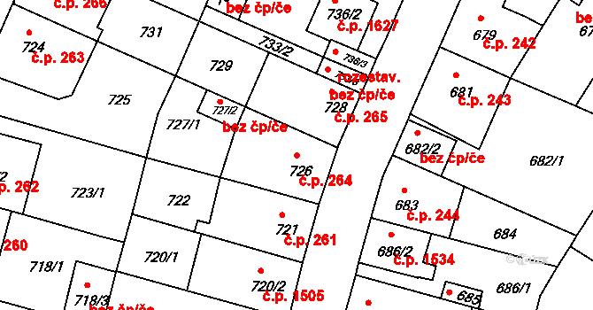 České Budějovice 5 264, České Budějovice na parcele st. 726 v KÚ České Budějovice 5, Katastrální mapa