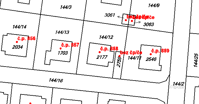 Sezimovo Ústí 858 na parcele st. 2177 v KÚ Sezimovo Ústí, Katastrální mapa