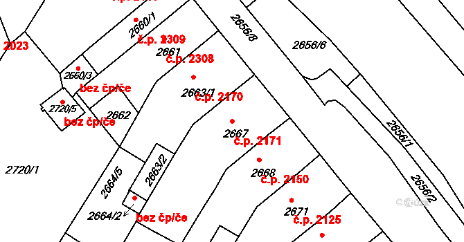 Chomutov 2171 na parcele st. 2667 v KÚ Chomutov II, Katastrální mapa