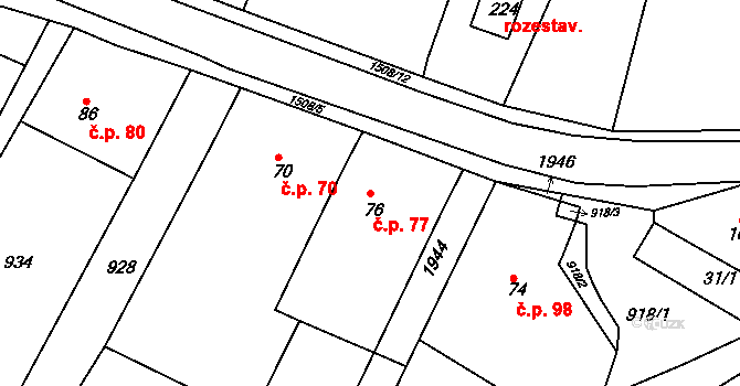Újezd u Rosic 77 na parcele st. 76 v KÚ Újezd u Rosic, Katastrální mapa