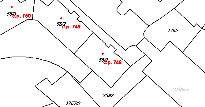 Zliv 748 na parcele st. 55/1 v KÚ Zliv u Českých Budějovic, Katastrální mapa