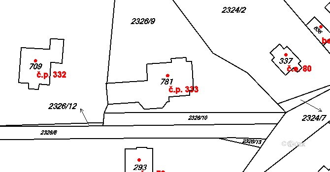 Ondřejov 333 na parcele st. 781 v KÚ Ondřejov u Prahy, Katastrální mapa