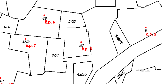 Sovinec 8, Jiříkov na parcele st. 36 v KÚ Sovinec, Katastrální mapa