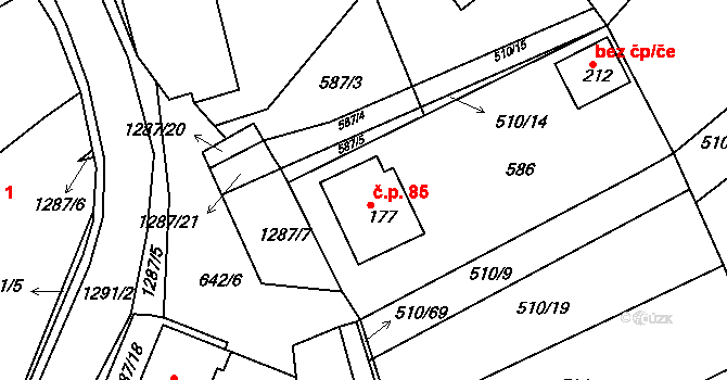 Teplýšovice 85 na parcele st. 177 v KÚ Teplýšovice, Katastrální mapa