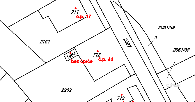 Vysoká Lhota 44, Čerčany na parcele st. 712 v KÚ Čerčany, Katastrální mapa