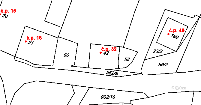 Dolní Záhoří 32, Záhoří na parcele st. 42 v KÚ Horní Záhoří u Písku, Katastrální mapa