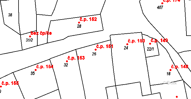 Bystřice nad Pernštejnem 151 na parcele st. 26 v KÚ Bystřice nad Pernštejnem, Katastrální mapa