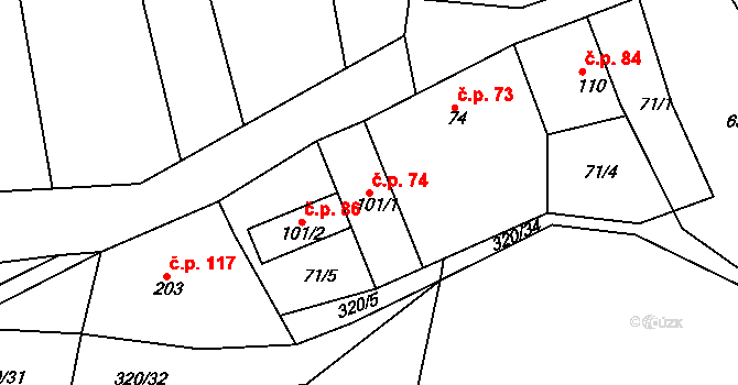 Milonice 74 na parcele st. 101/1 v KÚ Milonice, Katastrální mapa