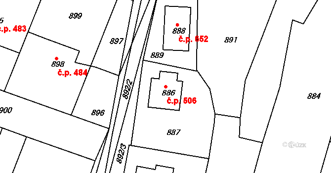 Želechovice nad Dřevnicí 506 na parcele st. 886 v KÚ Želechovice nad Dřevnicí, Katastrální mapa