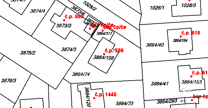 Hlučín 756 na parcele st. 3864/156 v KÚ Hlučín, Katastrální mapa