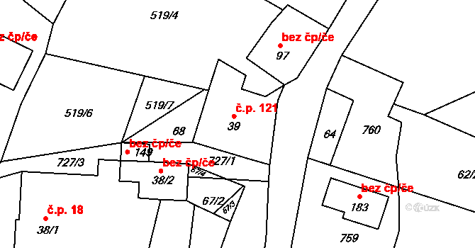 Raškov 121, Bohdíkov na parcele st. 39 v KÚ Raškov Ves, Katastrální mapa